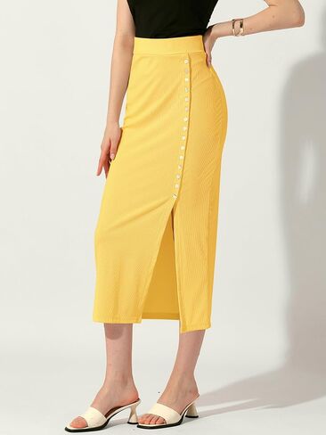 Allegra K تنورة نسائية طويلة ضيقة بأزرار عمل غير رسمية ديكور مضلع متماسكة أساسية Bodycon ميدي التنانير Skorts in Saudi Arabia