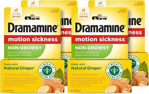 Dramamine Motion Sickness Relief, Non-Drowsy, Naturals with Ginger, 18 Ct. (Pack of 2) in Kuwait