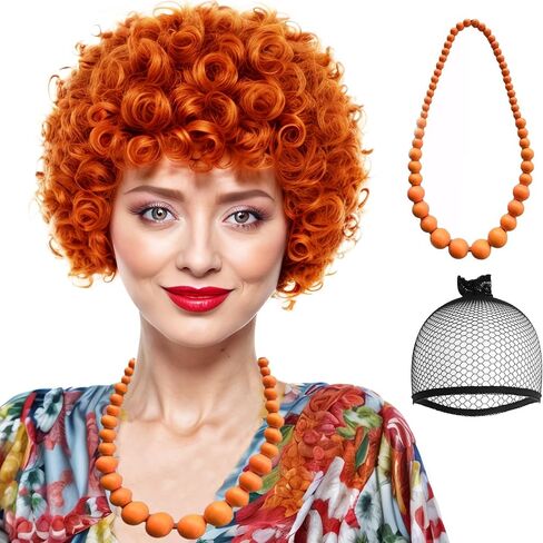 3 Pcs Mrs Roper Wig Short Curly Red Orange Wig for Women Red Afro Wig with Orange Jewelry Necklace for Halloween Costume Party Disco Retro Wig Outfit Large Head XL Wig Synthetic Wig +Wig Cap ﻿ in Saudi Arabia