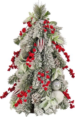 HGTV Home Collection Artificial Topiary Christmas Tree, Evergreen and Bristle Branch Tips, Decorated with Red Berry Clusters, Ball Ornaments, Nostalgic Traditions, 26 Inches in Saudi Arabia