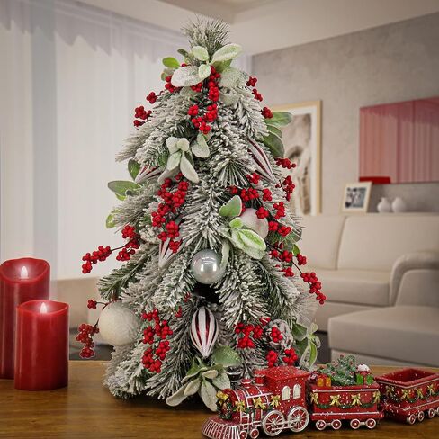 HGTV Home Collection Artificial Topiary Christmas Tree, Evergreen and Bristle Branch Tips, Decorated with Red Berry Clusters, Ball Ornaments, Nostalgic Traditions, 26 Inches in Saudi Arabia