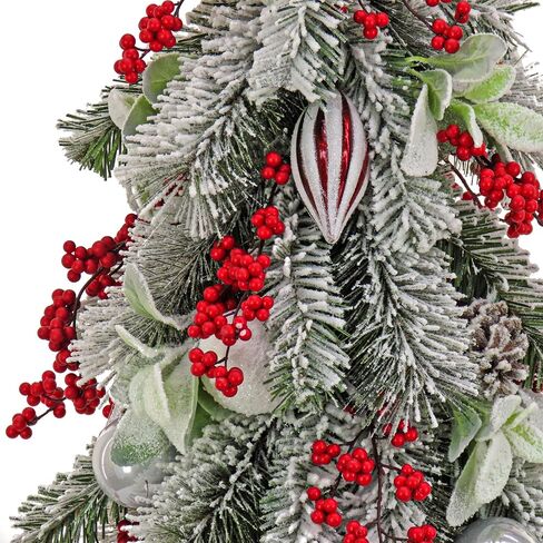 HGTV Home Collection Artificial Topiary Christmas Tree, Evergreen and Bristle Branch Tips, Decorated with Red Berry Clusters, Ball Ornaments, Nostalgic Traditions, 26 Inches in Saudi Arabia