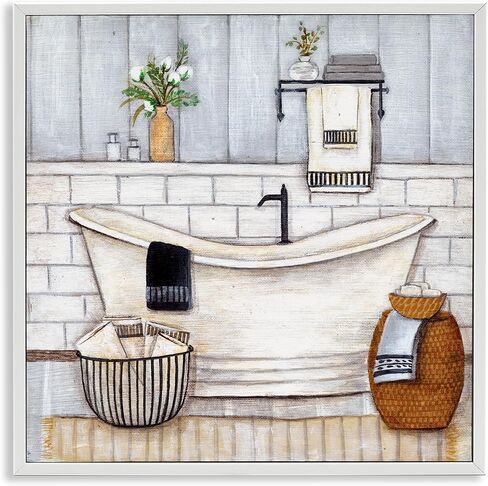 Stupell Industries Bathroom Farmhouse Style Tub Neutral Grey Drawing, Design by Yellow Café Black Framed Wall Art, 36x36, Blue in Saudi Arabia