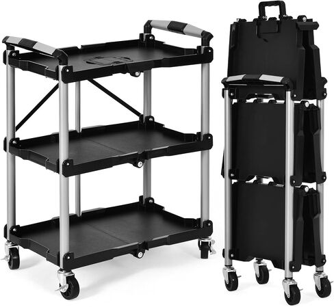 YITAHOME Folding Service Cart with Wheels, 3 Shelf Rolling Foldable Utility Cart, Heavy Duty Collapsible Tool Cart 300LBS, Portable Folding Food Cart for Home Kitchen Garage Restaurant Storage Black in Saudi Arabia