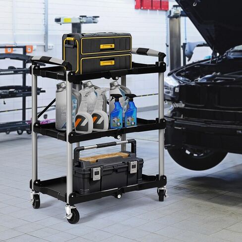 YITAHOME Folding Service Cart with Wheels, 3 Shelf Rolling Foldable Utility Cart, Heavy Duty Collapsible Tool Cart 300LBS, Portable Folding Food Cart for Home Kitchen Garage Restaurant Storage Black in Saudi Arabia
