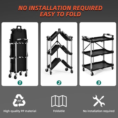 YITAHOME Folding Service Cart with Wheels, 3 Shelf Rolling Foldable Utility Cart, Heavy Duty Collapsible Tool Cart 300LBS, Portable Folding Food Cart for Home Kitchen Garage Restaurant Storage Black in Saudi Arabia