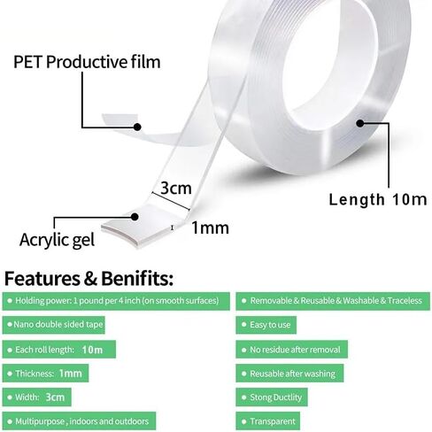 Extra Large Nano Double-Sided Adhesive Tape 32.8FT,Traceless Removable Transparent Adhesive Sticker,Multipurpose Carpet Mats/Paste/Craft Wall Mounting Tape for Kitchen Bathroom… in Saudi Arabia
