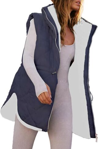 Dokotoo Womens 2024 Fall Reversible Vests Sleeveless Fleece Jacket Zip Up Stand Collar Long Warm Drawstring Coat with Pockets in Saudi Arabia