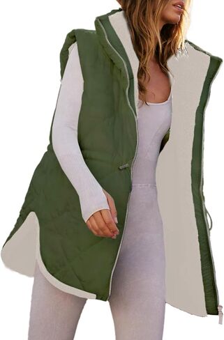 Dokotoo Womens 2024 Fall Reversible Vests Sleeveless Fleece Jacket Zip Up Stand Collar Long Warm Drawstring Coat with Pockets in Saudi Arabia