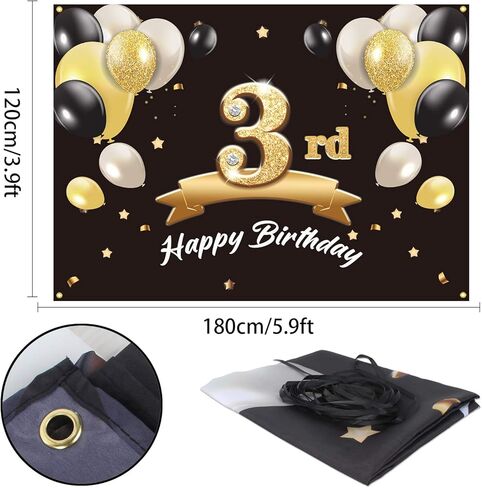 خلفية لافتة عيد ميلاد سعيد ثالث - 3 لوازم زينة لحفلات أعياد الميلاد للأولاد - أسود ذهبي 4 × 6 أقدام in Kuwait