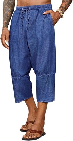 Runcati Mens Harem Capri Jeans Casual Tapered Elastic Waist 3/4 Shorts Cotton Hippie Yoga Lightweight Pants in Saudi Arabia