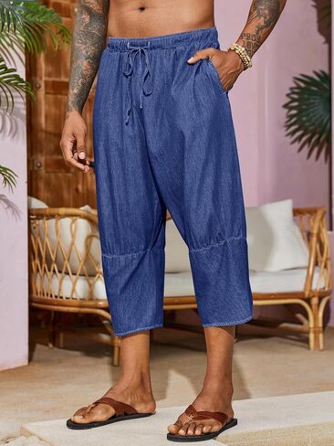 Runcati Mens Harem Capri Jeans Casual Tapered Elastic Waist 3/4 Shorts Cotton Hippie Yoga Lightweight Pants in Saudi Arabia