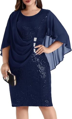 Hanna Nikole 2024 Womens Sequin Party Dress Plus Size Chiffon Cape Sleeve Cocktail Midi Dress in Saudi Arabia