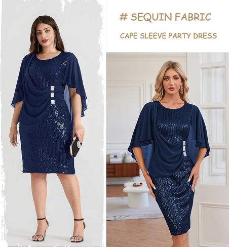 Hanna Nikole 2024 Womens Sequin Party Dress Plus Size Chiffon Cape Sleeve Cocktail Midi Dress in Saudi Arabia