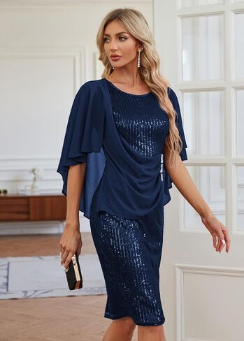 Hanna Nikole 2024 Womens Sequin Party Dress Plus Size Chiffon Cape Sleeve Cocktail Midi Dress in Saudi Arabia