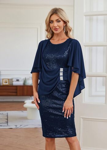 Hanna Nikole 2024 Womens Sequin Party Dress Plus Size Chiffon Cape Sleeve Cocktail Midi Dress in Saudi Arabia