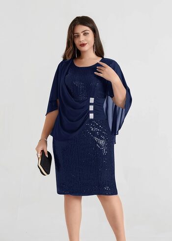 Hanna Nikole 2024 Womens Sequin Party Dress Plus Size Chiffon Cape Sleeve Cocktail Midi Dress in Saudi Arabia