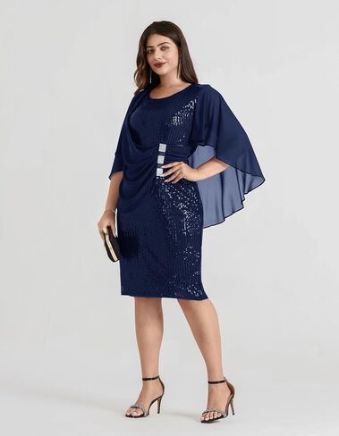 Hanna Nikole 2024 Womens Sequin Party Dress Plus Size Chiffon Cape Sleeve Cocktail Midi Dress in Saudi Arabia