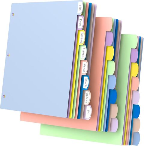 16Pcs/2 Set 3 Ring Binder Dividers with Tabs, 8 Color Tab Divders for 3 Ring Binder, Plastic Pastel Page Folder Dividers Sheet Protectors, Three Ring Binder Index Dividers for Notebook in Kuwait