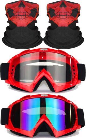 4PCS Motorcycle Set, 2 Dirt Bike Ski Goggles UV Protection Dustproof Windproof Safety Glasses with 2 Skull Face Mask in Kuwait