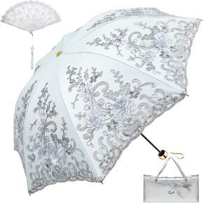 Floral Lace UV Sun Parasol with Lace Handheld Fan Vintage Flower Embroidery Umbrella Folding Fan Gothic Umbrella Lace Fan for Bridal Wedding Party Gift Show Cosplay Photo Props