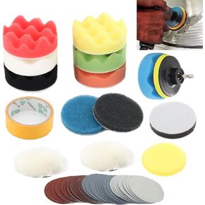 87pcs 3Inch Car Polishing Kit with Sanding Discs,M10 Shank Backing Pad Scouring Pads, Buffing Sponge Pads, Wool Pad, Polishing Buffing Pad