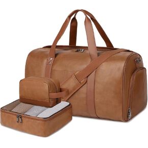 Wogarl 3PCS Leather Weekender Bag for Women Men Large Overnight Bag Travel Duffel Bag with Shoe Compartment Toiletry Packing Cube Carry On Bag Fit 21" Laptop(Light Brown)