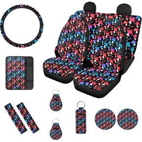 Chicken Rooster Car Accessories Skull Car Seat Covers Full Set for Women with Steering Wheel Cover Seat Belt Cover Console Armrest Pad Coaster Keychains, Set of 13 Car Decor for Most Cars