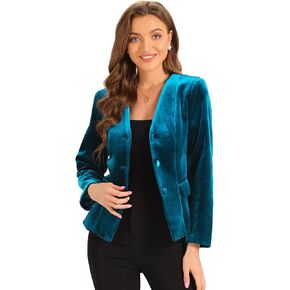 Allegra K Velvet Blazers for Women Long Sleeves Shoulder Pads Pockets 3 Buttons Casual Velvet Blazer Jackets
