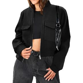 Zeagoo Womens Cropped Jacket Stand Collar Long Sleeve Zip Up Shackets Wool Blend Coats with Pockets