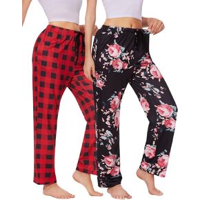 Plaid Casual Pants for Women Loose Pajama Pants Elastic Waist Drawstring Pants with Pockets 2 Pack