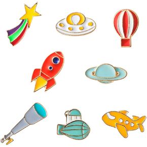 8Pcs Space Enamel Brooches Pins Airplane Rocket Hot Air Balloon Airship Astronomical Telescope Patterns Enamel Pins Cute Space Theme Lapel Pins Brooches Pin Badges for Girls Boys Clothing Backpacks Jackets Hats Bags