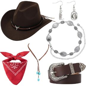 Western Cowgirl Outfit for Women Cowboy Hat Bandana Belt Necklace for Halloween Cosplay Cowgirl Costume Accessories