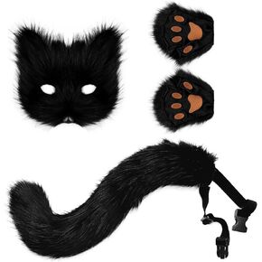 HAOAN Furry Fox Mask Wolf Fox Tail and Paw Gloves Set Adult Cat Halloween Mask Cosplay Animal Party Costume