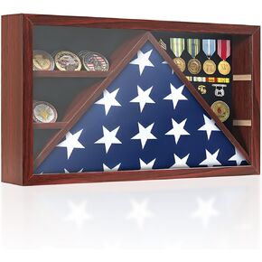 Wooden Flag Display Case for 3' x 5' American Flags - Detachable Challenge Coin Holder with Felt Lining for Medals and Badges, Vintage Rustic