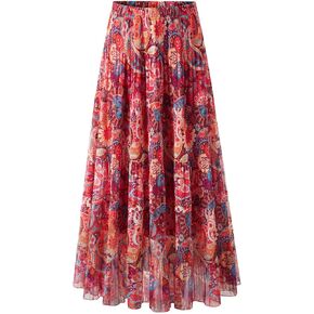 Maxi Skirts for Women Pleated Long Flowy Chiffon Elastic Waist Tiered A Line Skirt