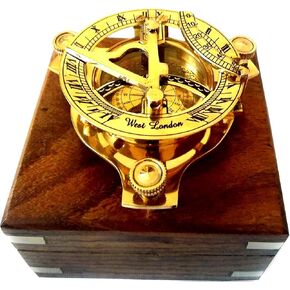 Sundial Compass with Wooden Box, 2.5 inch, Antique Brass, Steampunk Style, Rosewood Box, Nautical & Vintage Gift