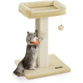 Feandrea Cat Scratching Post, 27.9-Inch Cat Scratcher with 15.7 x 11.8 Inches Plush Perch, Tall Scratch Post with Woven Sisal, Pompom, Removable Washable Cover, Beige UPCA022M01
