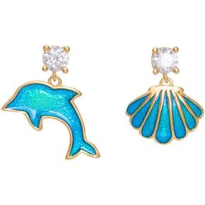 Blue Dolphin Seashell Asymmetrical Dangle Drop Earrings for Women Teen Girls 925 Sterling Silver Crystal Cubic Zirconia Cartilage Piercing Hypoallergenic Studs Enamel Sea Ocean Animal And Shell Charm Earring Cute Jewelry for Daughters Girlfriend Birthday