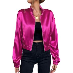 Verdusa Women's Bomber Satin Lightweight Jacket Drop Shoulder Long Sleeve Zip Up Outerwear
