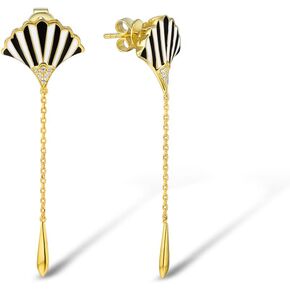 Santuzza 925 Sterling Silver Fans Earrings Black & White Enamel Oriental Fan with Linear Drop Earrings