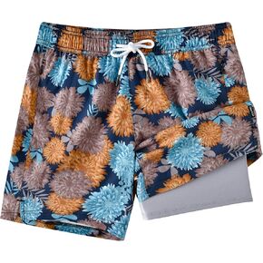 Mens 5.5 inch Printed Short Swim Trunks Compression Liner Quick Dry Swimwear Bathing Suits Boardshorts Beach Wear