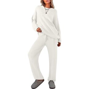 Caracilia Women's 2 Piece Outfits Sweater Sets Striped Oversized Sweaters Knit Wide Leg Pant Lounge Set 2024 Fall Outfits