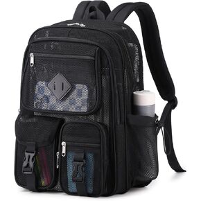MOONBABY Mesh Backpack for School Heavy Duty See Through Net Bookbag Girls Boys Semi-Transparent Net Back Pack for Beach, Swimming, Sports, Work, Travel (Black)