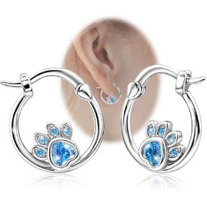Paw Print Hoop Earrings for Teens Girls Women - Sterling Silver Small Cute Hoop Earrings Cubic Zirconia Hypoallergenic Cat Dog Paw Print Loop Earrings for Sensitive Ears Lovely Animal Earrings Gifts