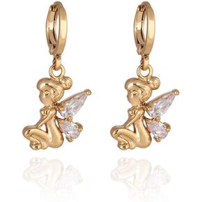 14K Gold Plated Angel with Wings CZ Dangle Hoop Earrings
