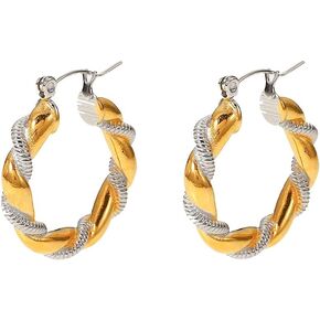 Gold Silver Two Tone Twisted Hoop Earrings Minimalist Lightweight Chic Trendy Fashion 18K Gold Plated Stainless Steel Piercing Earrings Unique Birthday Jewelry