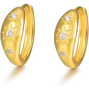 Dainty Sun Engraved Mini Hoop Earrings for Women Teen Girls Cartilage 925 Sterling Silver Crystal Cubic Zirconia Flower Tiny Small Huggie Hoops Earring Wrap Cuffs Cute Irregular Jewelry Gifts Hypoallergenic