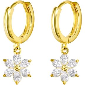 CZ Flower Charm Small Hoop Dangle Drop Earrings for Women Teen Girls Dainty Sterling Silver Post Crystal Daisy Flower Huggie Hoops Hypoallergenic Fashion Jewelry Birthday Gift Daughter Her