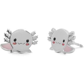 Boma Jewelry Sterling Silver Cute Axolotl Stud Earrings with Hand Painted Enamel